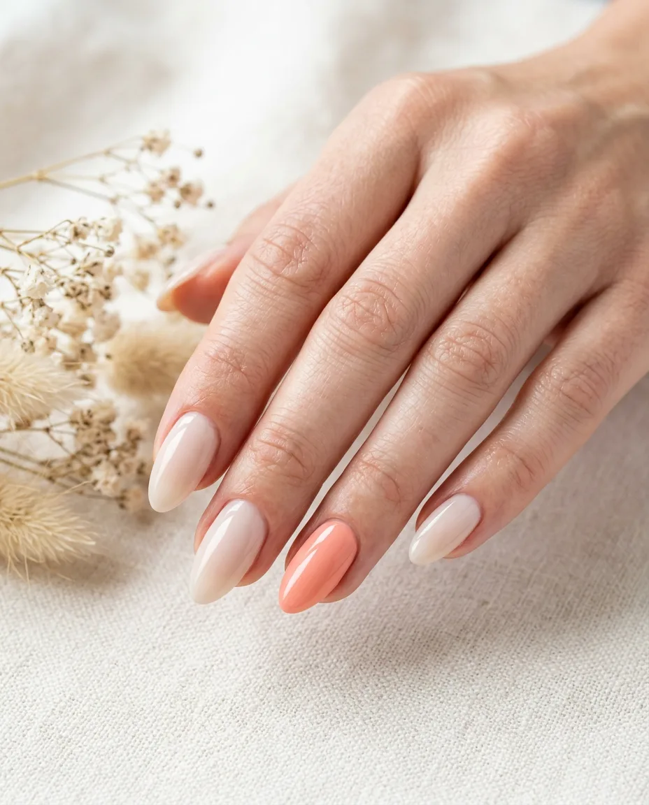 Neutral BIAB with coral accent