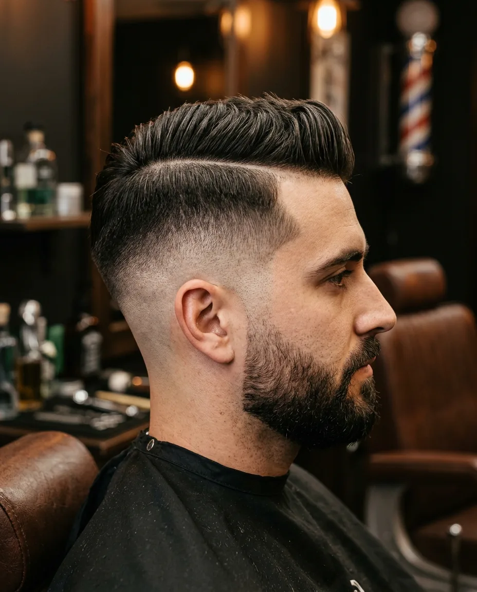 Mid fade with a hard part
